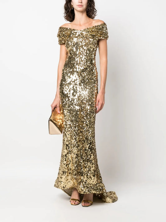 Glamorous Gold Sequin Off-Shoulder Prom Dress