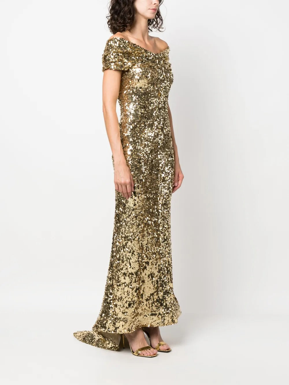 Glamorous Gold Sequin Off-Shoulder Prom Dress