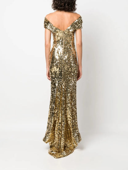 Glamorous Gold Sequin Off-Shoulder Prom Dress