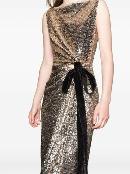 Glamorous Gold Sequin Twist-Front Velvet-Tie Prom Dress