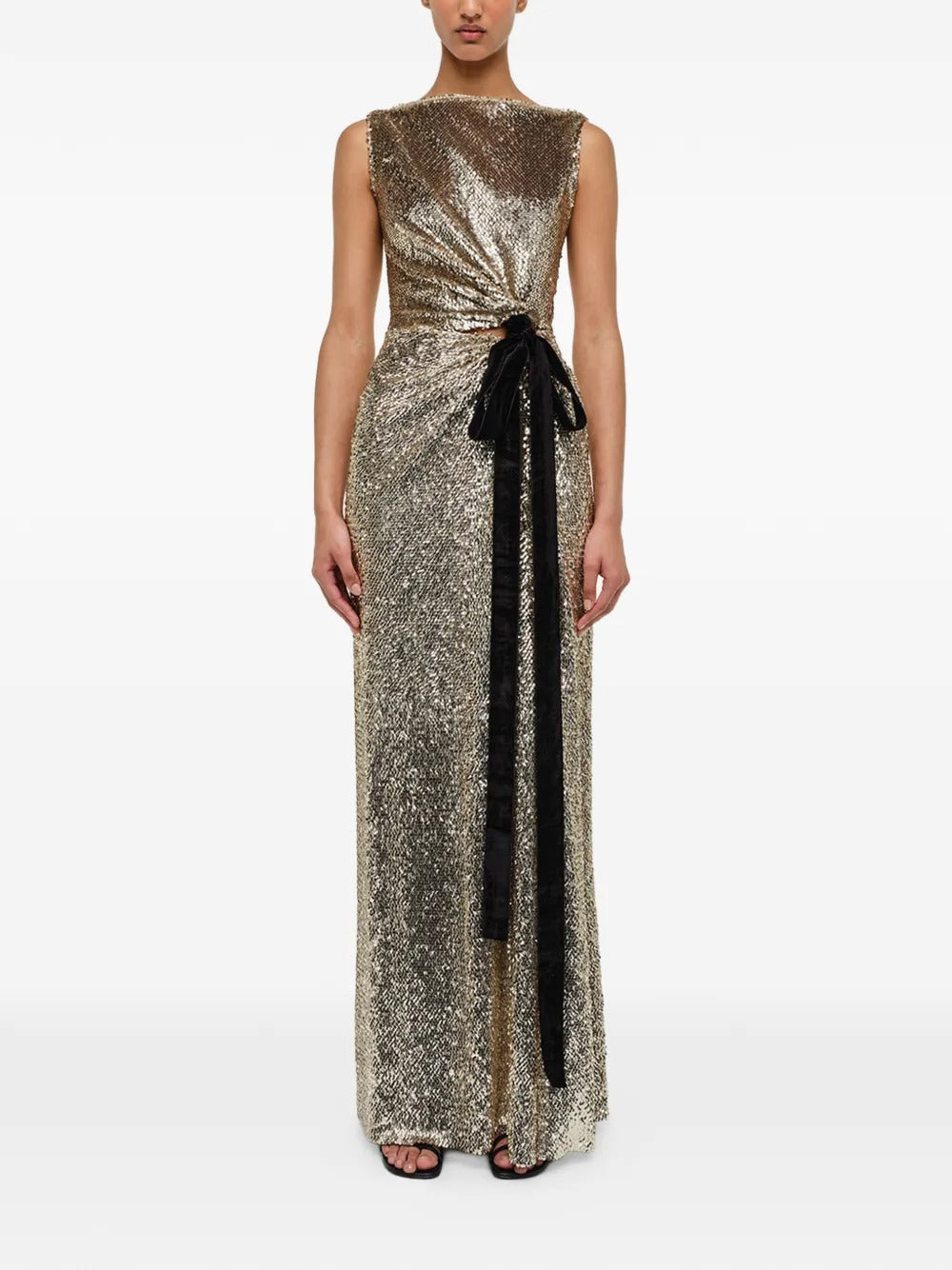 Glamorous Gold Sequin Twist-Front Velvet-Tie Prom Dress