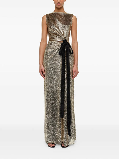 Glamorous Gold Sequin Twist-Front Velvet-Tie Prom Dress