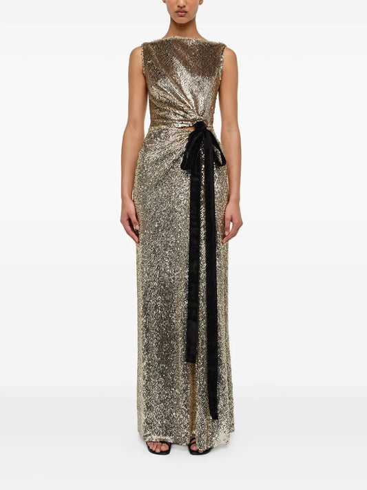 Glamorous Gold Sequin Twist-Front Velvet-Tie Prom Dress