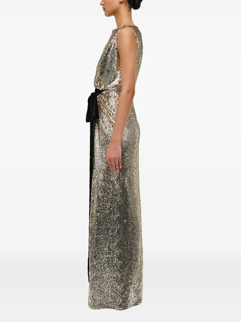 Glamorous Gold Sequin Twist-Front Velvet-Tie Prom Dress