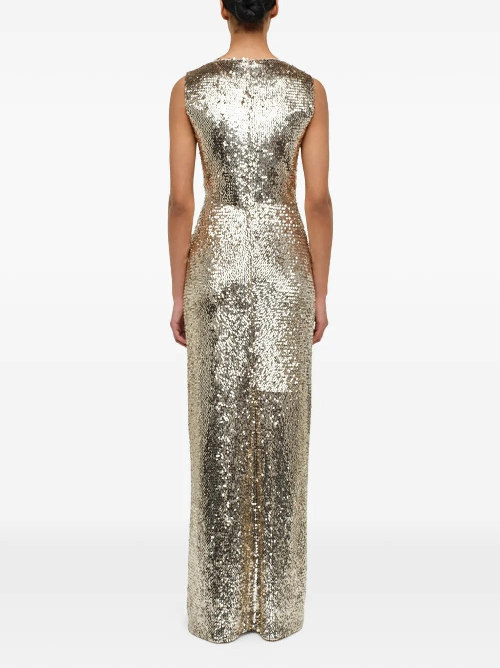 Glamorous Gold Sequin Twist-Front Velvet-Tie Prom Dress