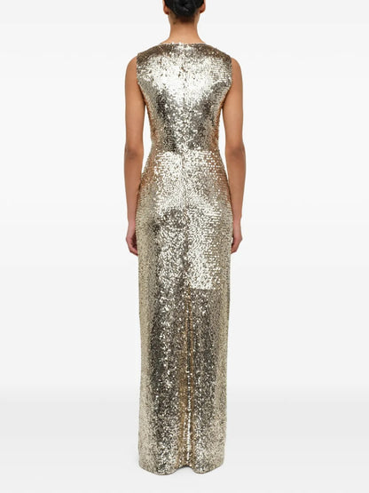 Glamorous Gold Sequin Twist-Front Velvet-Tie Prom Dress