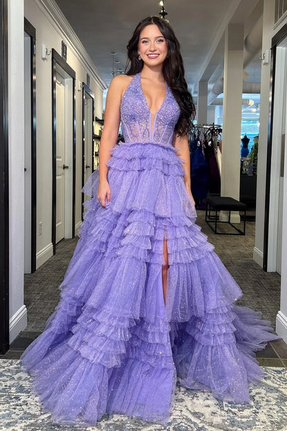 Glamorous Halter Neck Beaded Corset Tiered Ruffled Glitter Tulle Prom Dress with High Slit and Open Back