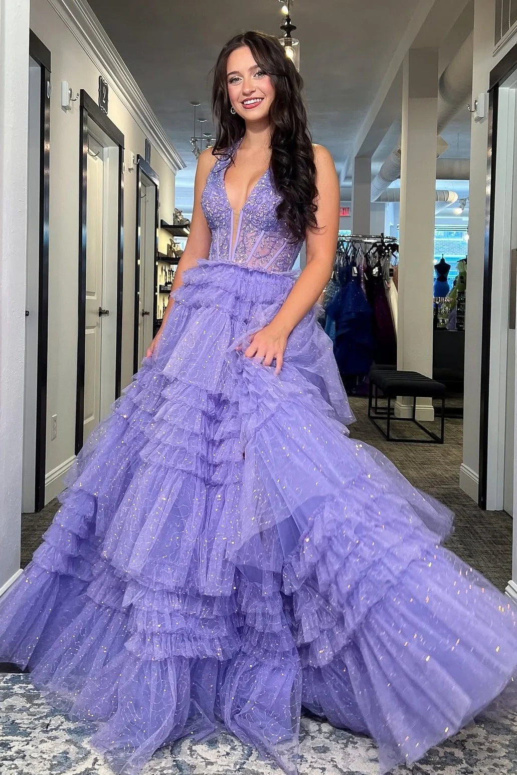Glamorous Halter Neck Beaded Corset Tiered Ruffled Glitter Tulle Prom Dress with High Slit and Open Back