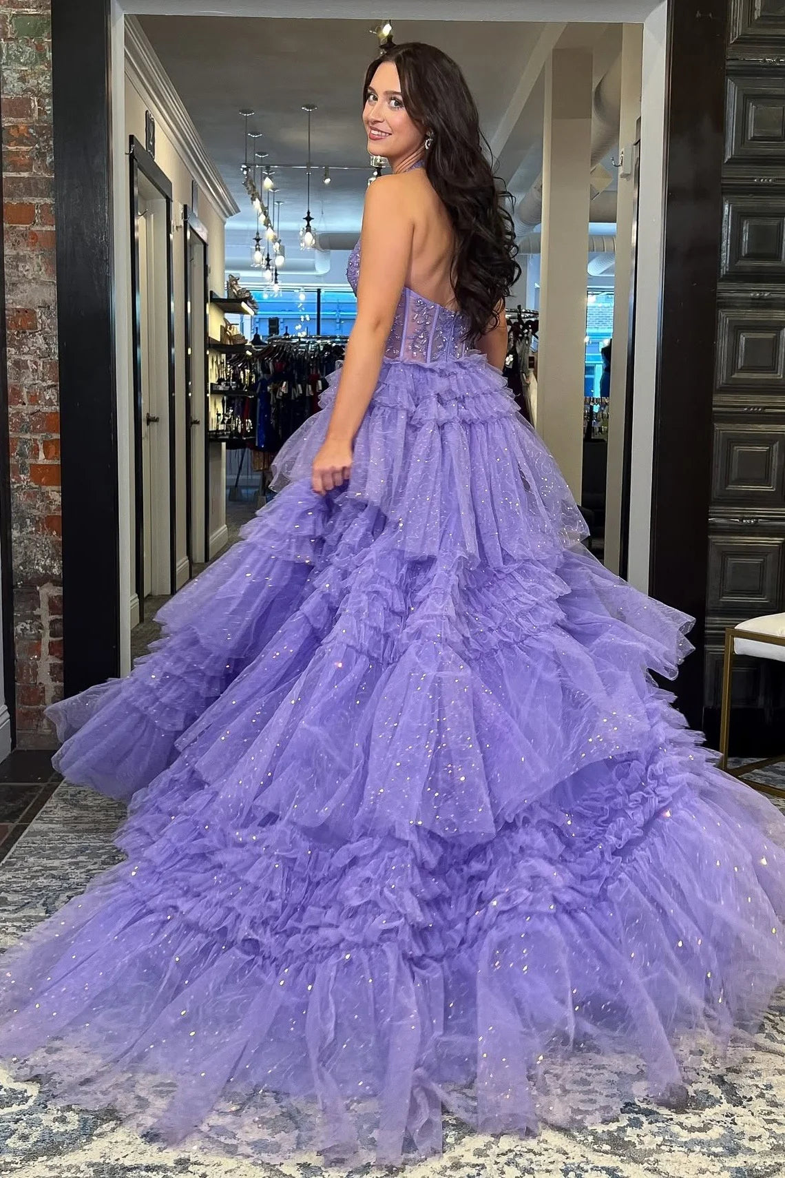 Glamorous Halter Neck Beaded Corset Tiered Ruffled Glitter Tulle Prom Dress with High Slit and Open Back