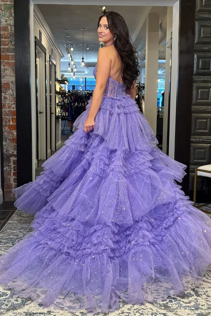 Glamorous Halter Neck Beaded Corset Tiered Ruffled Glitter Tulle Prom Dress with High Slit and Open Back