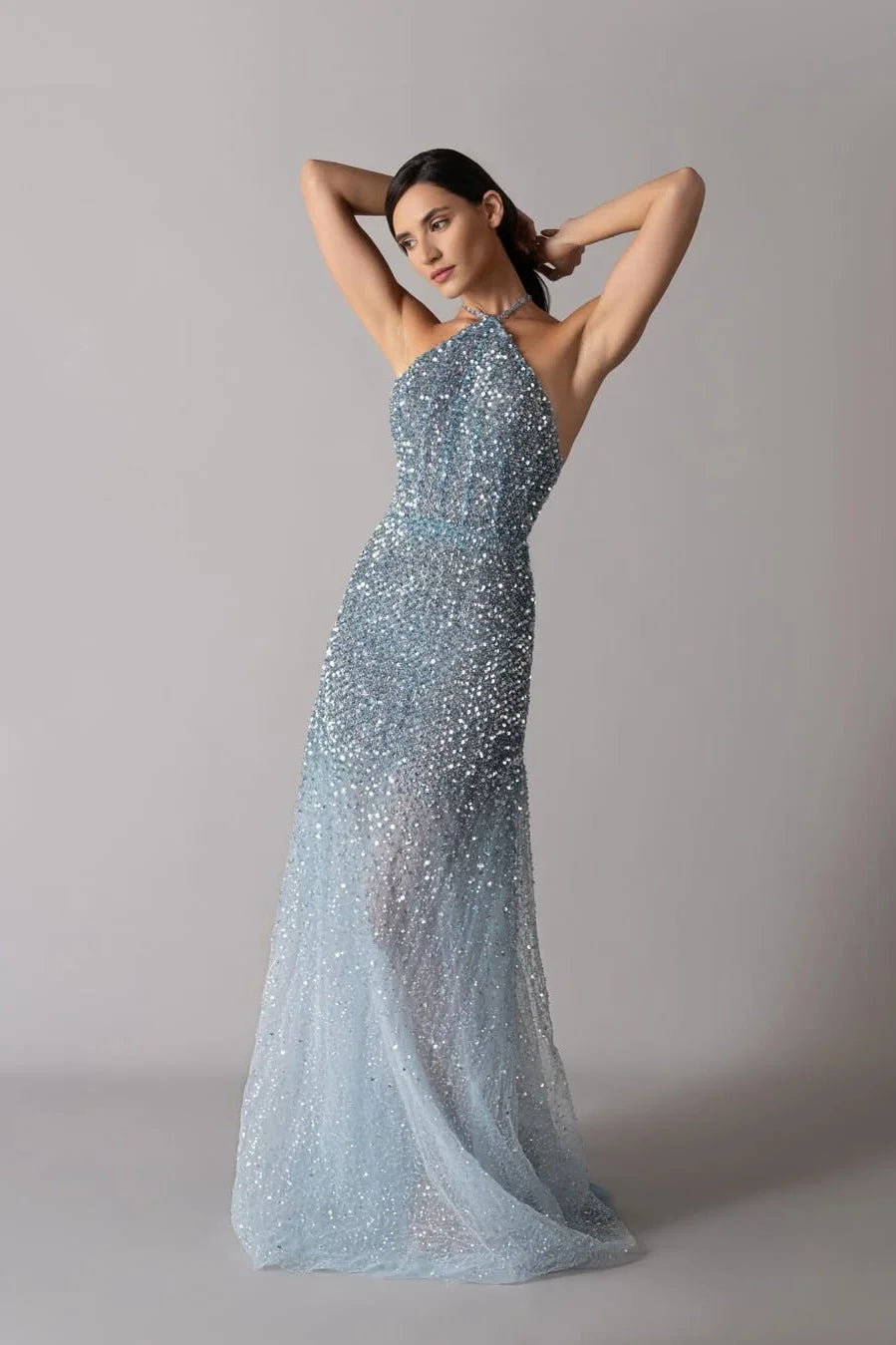 Glamorous Halter Neck Open Back Ombre Sequin Maxi Prom Dress with Sheer Tulle Skirt