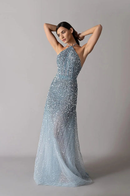 Glamorous Halter Neck Open Back Ombre Sequin Maxi Prom Dress with Sheer Tulle Skirt