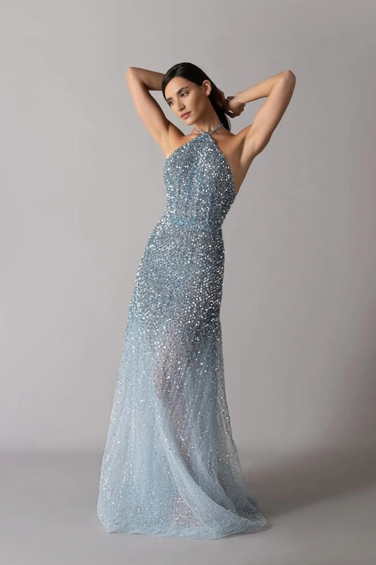 Glamorous Halter Neck Open Back Ombre Sequin Maxi Prom Dress with Sheer Tulle Skirt