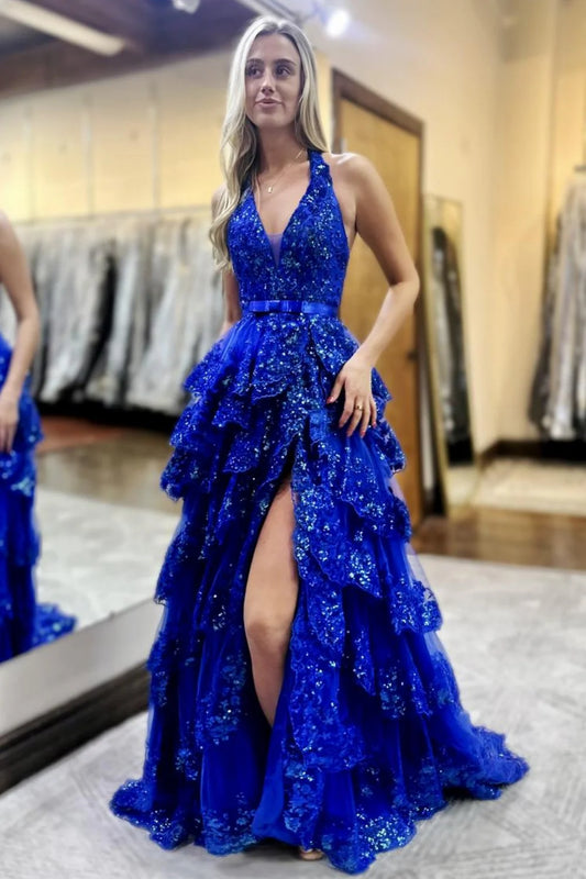 Glamorous Halter Neck Sequin Embellished Tiered Ruffled Tulle Prom Dress with High Slit and Open Back