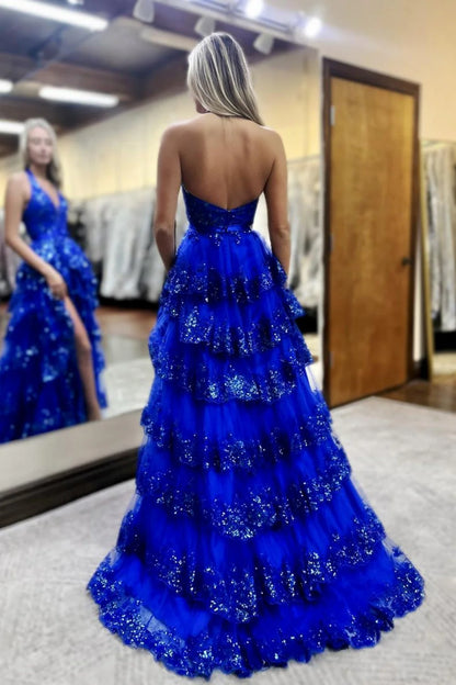 Glamorous Halter Neck Sequin Embellished Tiered Ruffled Tulle Prom Dress with High Slit and Open Back