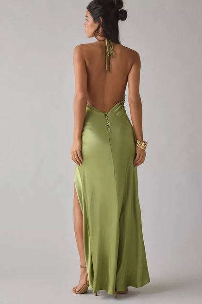 Glamorous Halter V-Neck Sleeveless Open-Back Maxi Prom Dress