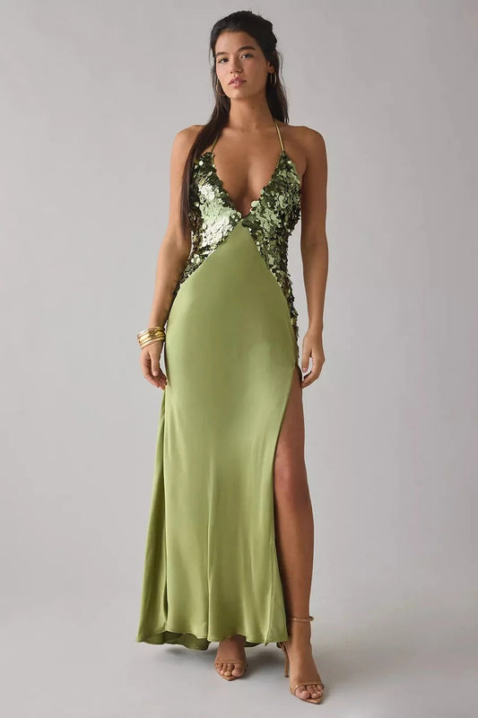 Glamorous Halter V-Neck Sleeveless Open-Back Maxi Prom Dress
