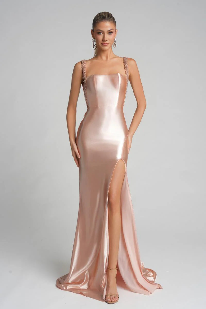 Glamorous Mermaid Beaded Straps Sweetheart Neck High Slit Satin Long Prom Dress for Formal Events