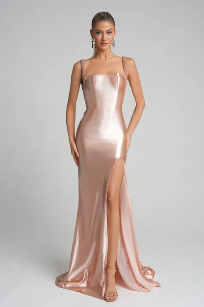 Glamorous Mermaid Beaded Straps Sweetheart Neck High Slit Satin Long Prom Dress for Formal Events