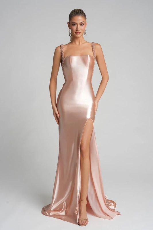 Glamorous Mermaid Beaded Straps Sweetheart Neck High Slit Satin Long Prom Dress for Formal Events