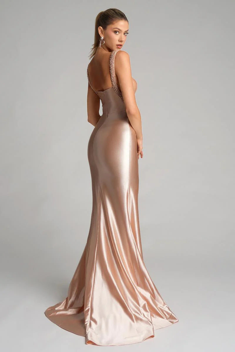 Glamorous Mermaid Beaded Straps Sweetheart Neck High Slit Satin Long Prom Dress for Formal Events