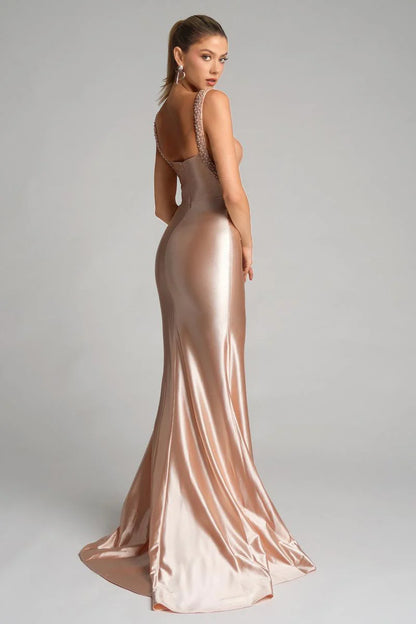 Glamorous Mermaid Beaded Straps Sweetheart Neck High Slit Satin Long Prom Dress for Formal Events