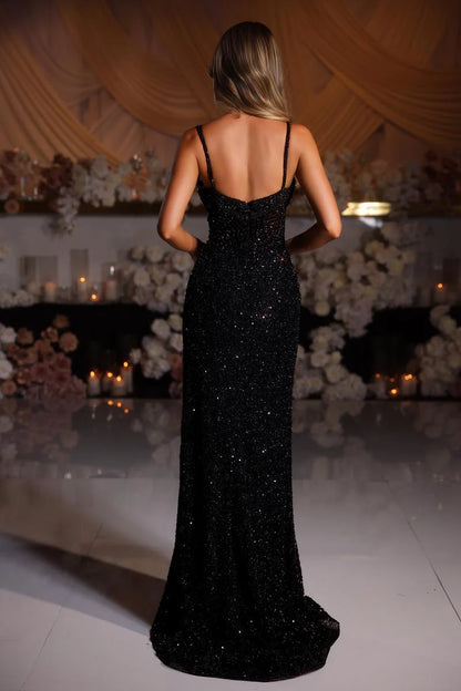 Glamorous Mermaid Spaghetti Strap Sweetheart Neck Illusion Beaded High Slit Long Prom Dress in Pink for Formal Events