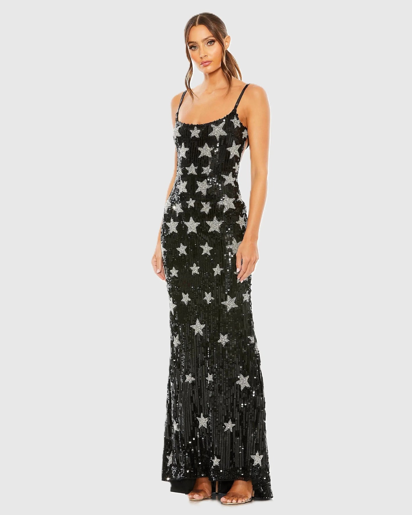 Glamorous Mermaid Square-Neck Sleeveless Star-Sequin Open-Back Prom Dress