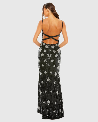 Glamorous Mermaid Square-Neck Sleeveless Star-Sequin Open-Back Prom Dress