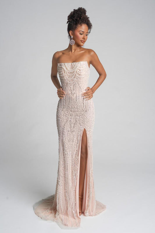Glamorous Mermaid Strapless Sweetheart Neck Beaded High Slit Long Prom Dress in Blush for Formal Events