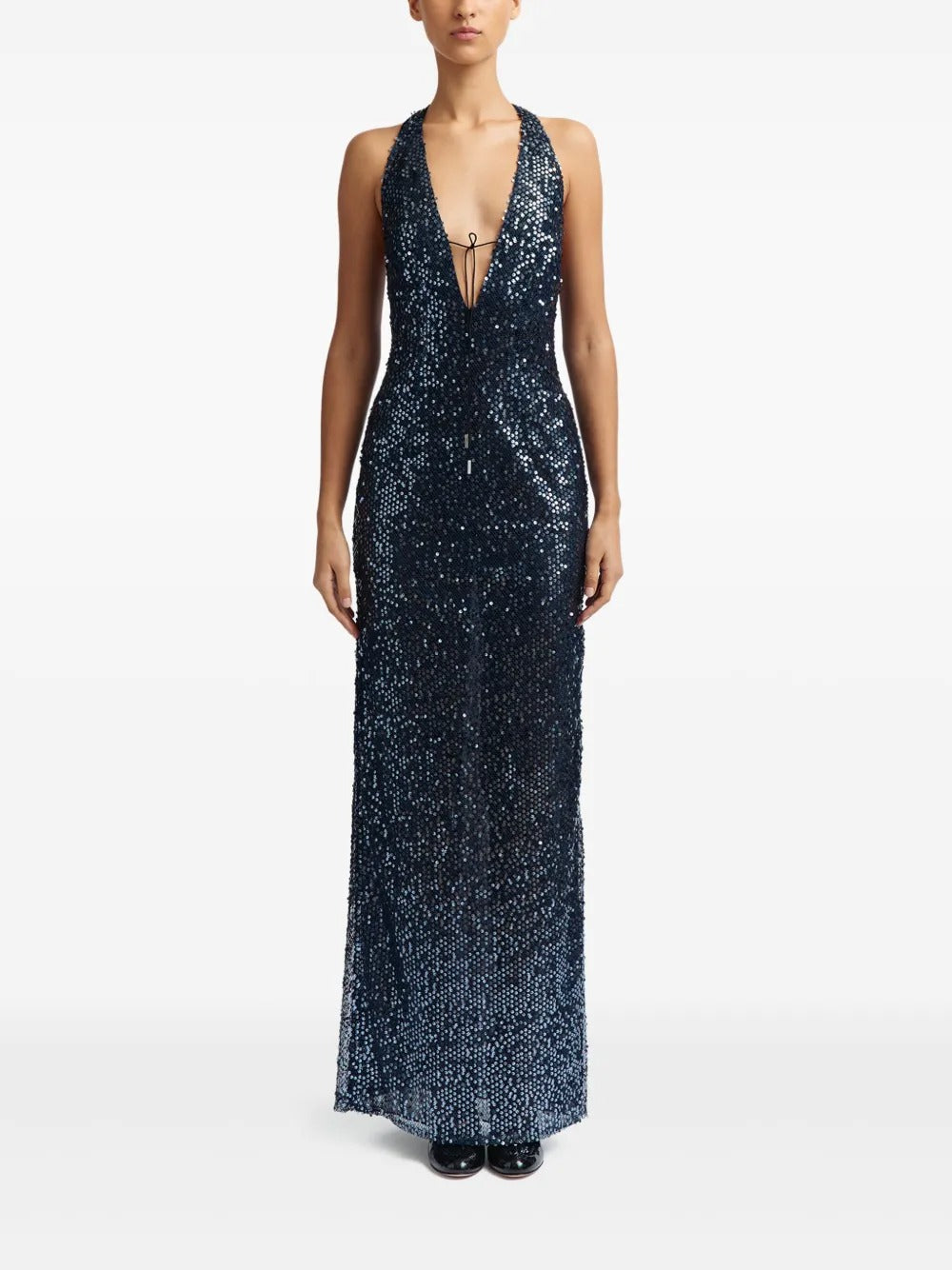 Glamorous Navy Blue Sequin Halter Open-Back Evening Dress
