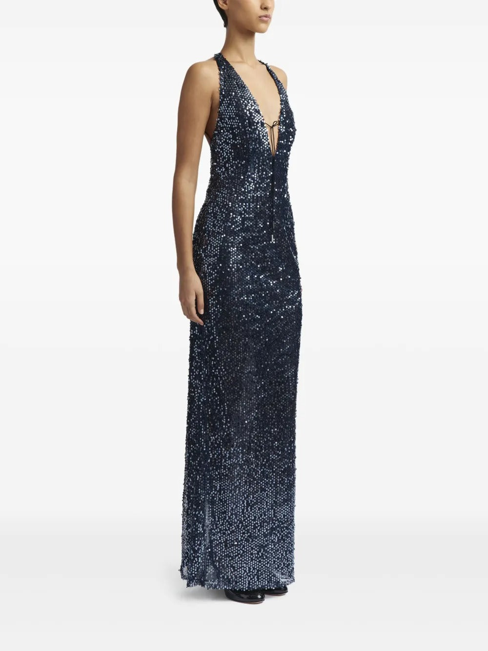 Glamorous Navy Blue Sequin Halter Open-Back Evening Dress