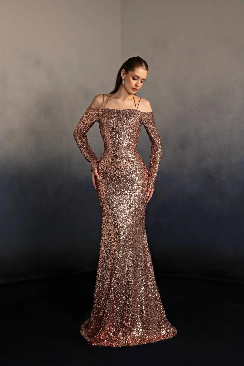 Glamorous Off The Shoulder Long Sleeve Sequin Mermaid Maxi Prom Dress with Thin Spaghetti Straps and Trailing Train