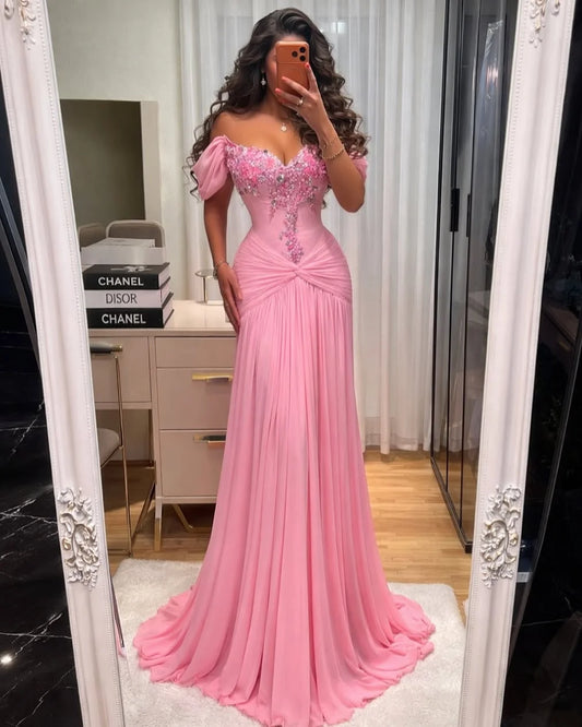 Glamorous Off The Shoulder Puff Sleeve Beaded 3D Floral Ruched Chiffon Mermaid Maxi Prom Dress