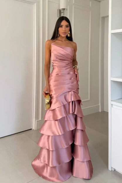 Glamorous One Shoulder Ruched Satin Tiered Ruffle Mermaid Maxi Prom Dress with Lace-Up Back and Trailing Train