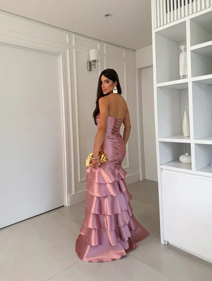 Glamorous One Shoulder Ruched Satin Tiered Ruffle Mermaid Maxi Prom Dress with Lace-Up Back and Trailing Train