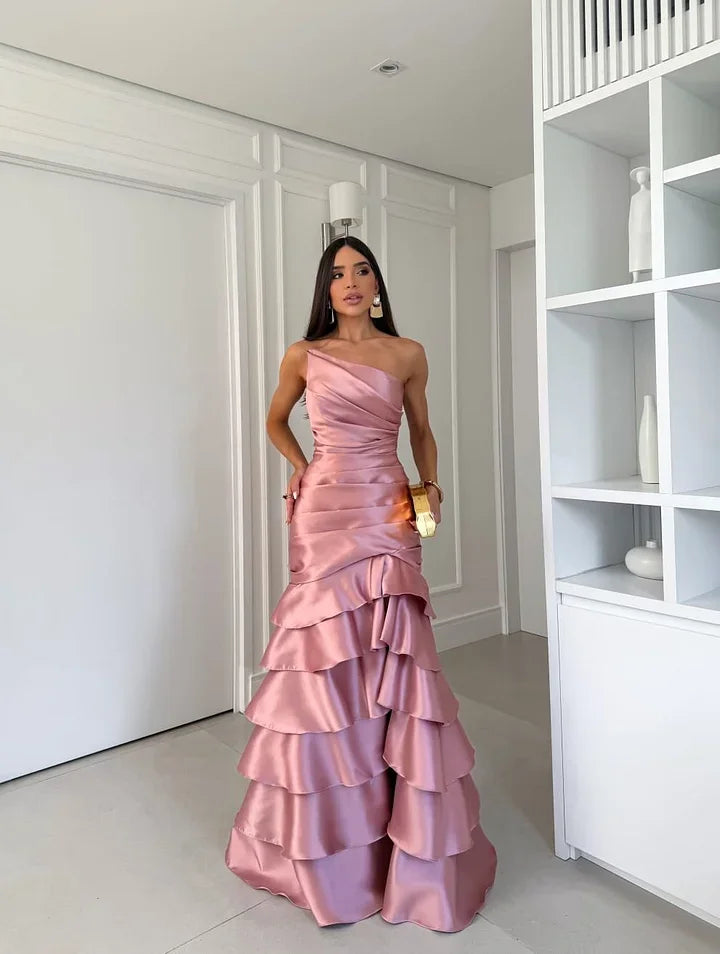 Glamorous One Shoulder Ruched Satin Tiered Ruffle Mermaid Maxi Prom Dress with Lace-Up Back and Trailing Train