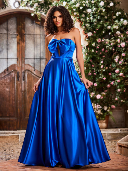 Glamorous Royal Blue Strapless Satin Ball Gown with Bow Detail: Prom Dress