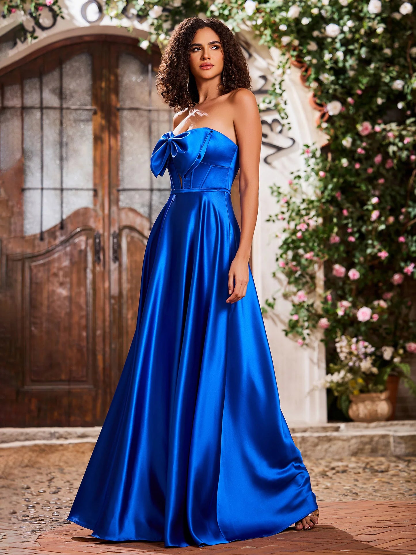 Glamorous Royal Blue Strapless Satin Ball Gown with Bow Detail: Prom Dress