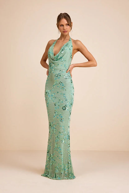 Glamorous Sage Green Halter Neck Mermaid Gown with Beaded Floral Embellishments and Open Back, Prom Dress
