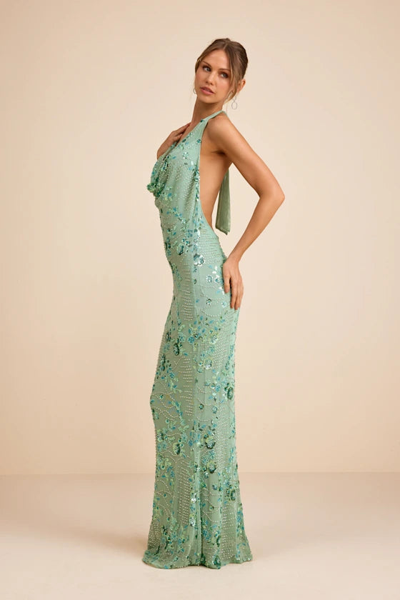 Glamorous Sage Green Halter Neck Mermaid Gown with Beaded Floral Embellishments and Open Back, Prom Dress
