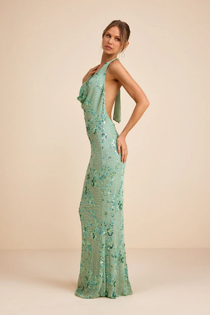 Glamorous Sage Green Halter Neck Mermaid Gown with Beaded Floral Embellishments and Open Back, Prom Dress