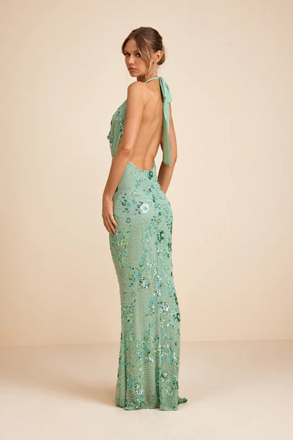 Glamorous Sage Green Halter Neck Mermaid Gown with Beaded Floral Embellishments and Open Back, Prom Dress