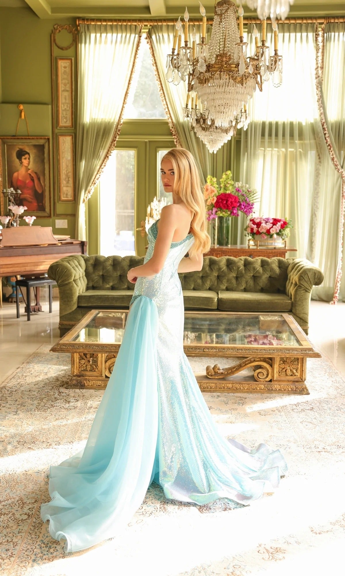 Glamorous Sequin Prom Dresses with One Shoulder Beaded Trim and Chiffon Overlay