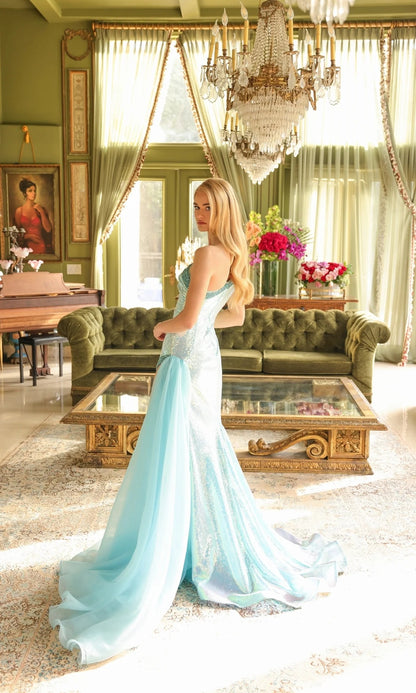 Glamorous Sequin Prom Dresses with One Shoulder Beaded Trim and Chiffon Overlay