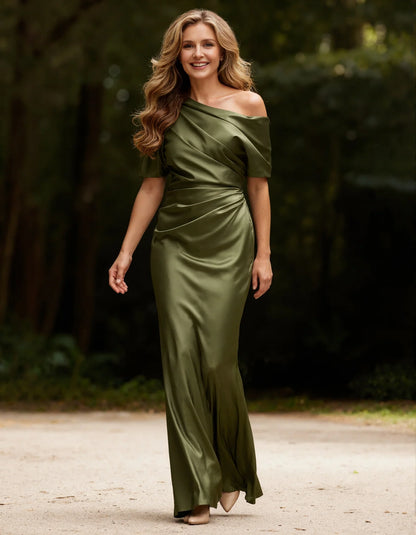 Glamorous Sheath One-Shoulder Short-Sleeve Ruched Back-Slit Floor-Length Mother of the Bride Dress