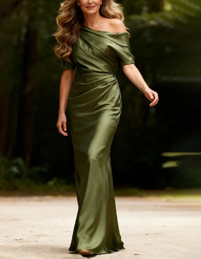 Glamorous Sheath One-Shoulder Short-Sleeve Ruched Back-Slit Floor-Length Mother of the Bride Dress