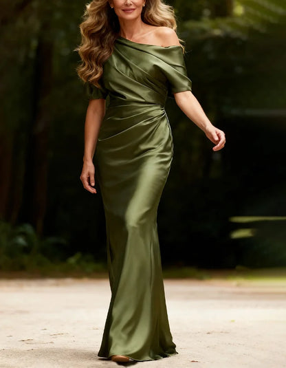 Glamorous Sheath One-Shoulder Short-Sleeve Ruched Back-Slit Floor-Length Mother of the Bride Dress
