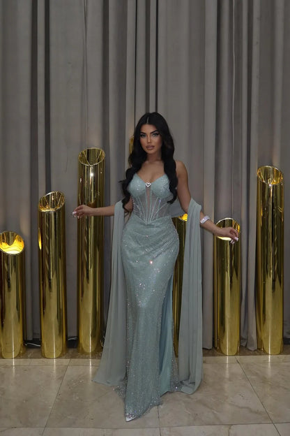 Glamorous Sky Blue Crystal Embellished Mermaid Gown with Lace-Up Back: Prom Dress