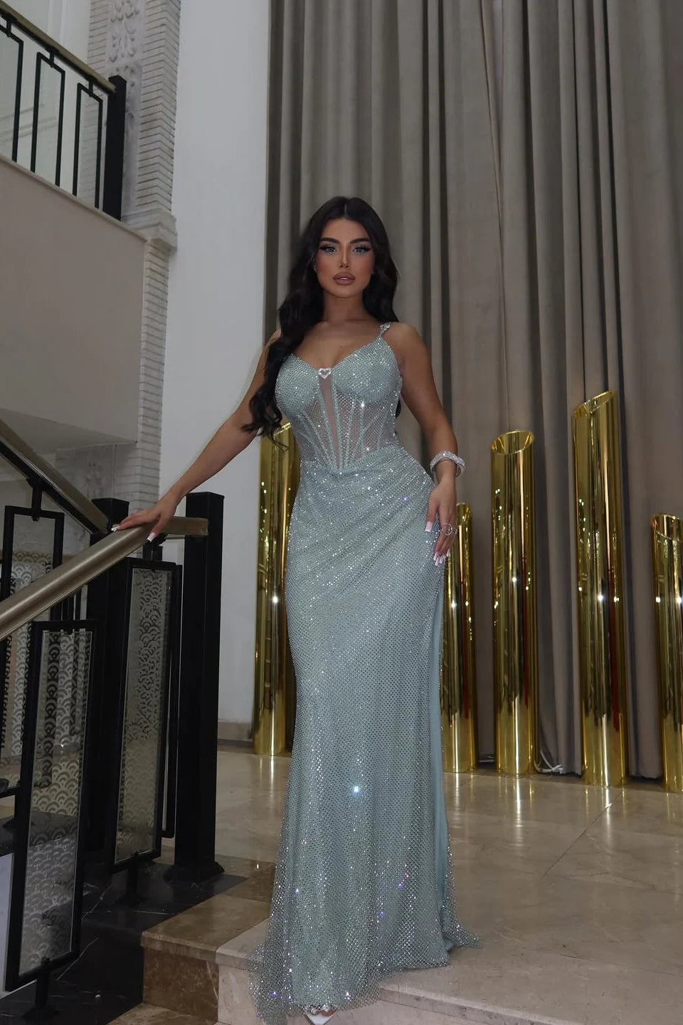 Glamorous Sky Blue Crystal Embellished Mermaid Gown with Lace-Up Back: Prom Dress